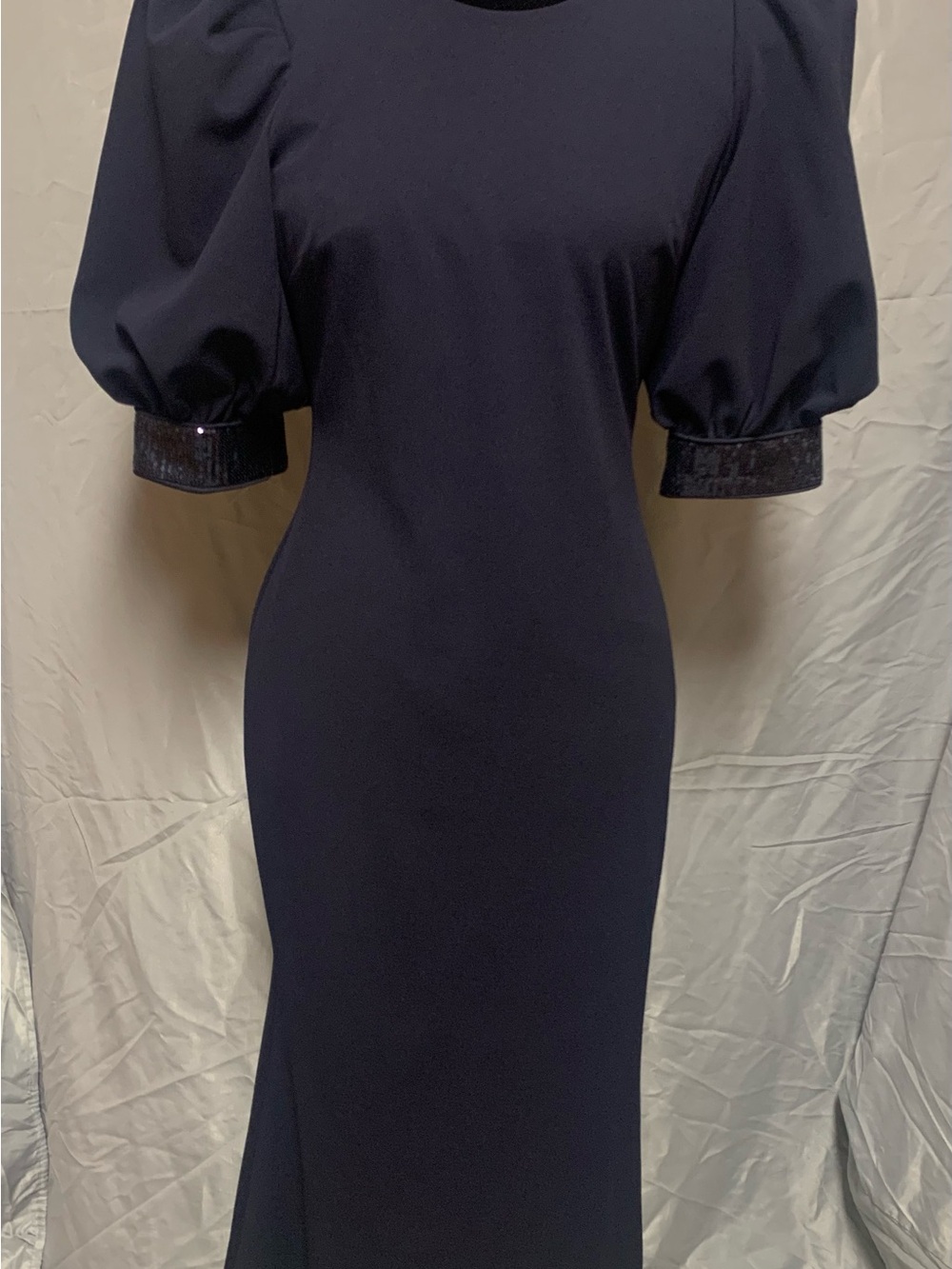 Calvin Klein Navy Puff-Sleeve Gown with Sequin Cuffs